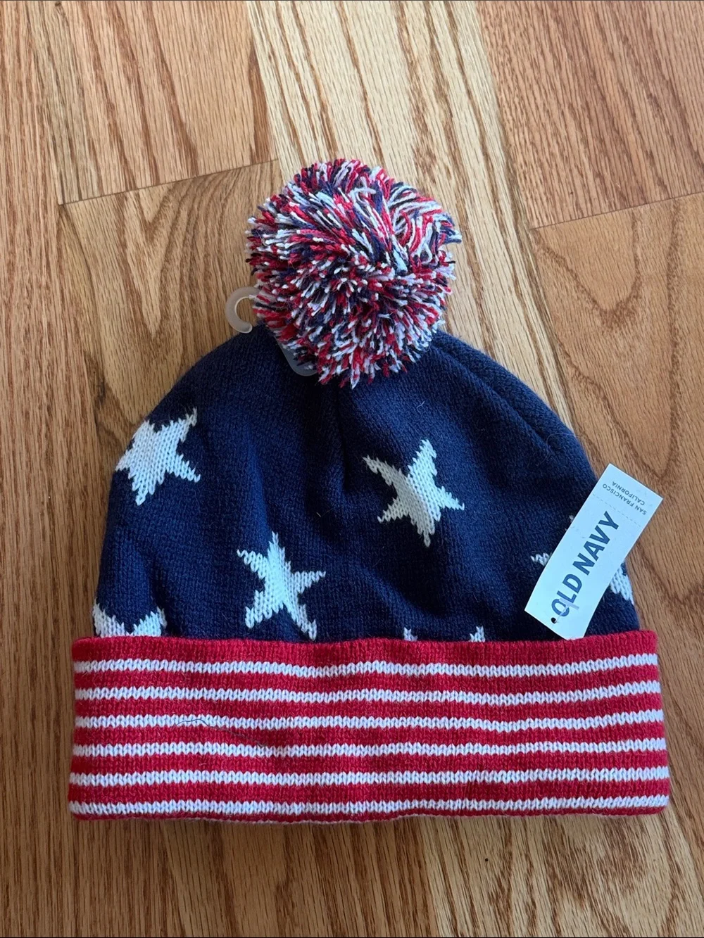 NWT Old Navy Navy, White & Red Star Pom-Pom Beanie American Flag